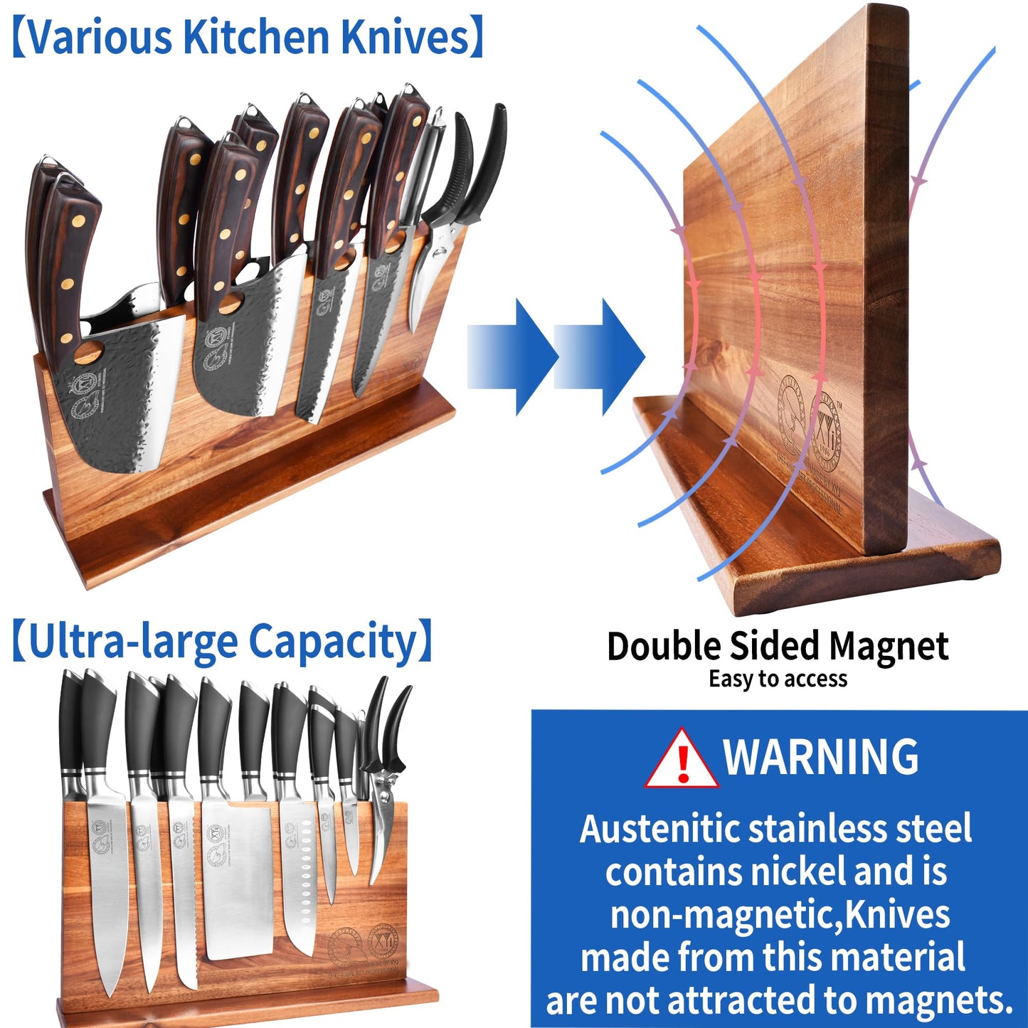 XYJ Authentic Since 1986, Magnetic Knife Block, Double Side Kitchen Knife Stand, Acacia Wood, Magnetic Knife Holder with Strong Enhanced Magnets,Knives Storage Rack Stand for Home Kitchen
