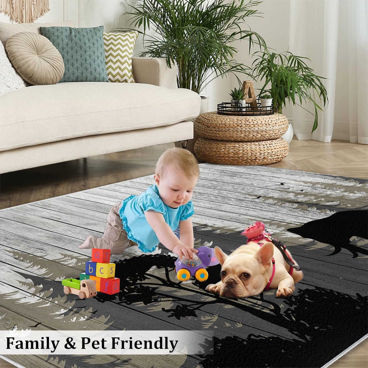 Retro Country Style Area Rug - 4' x 5' Wooden Board Animal Silhouettes Indoor Rug, Easy Care Machine Washable Large Carpet for Living Room Bedroom Dining Room Office