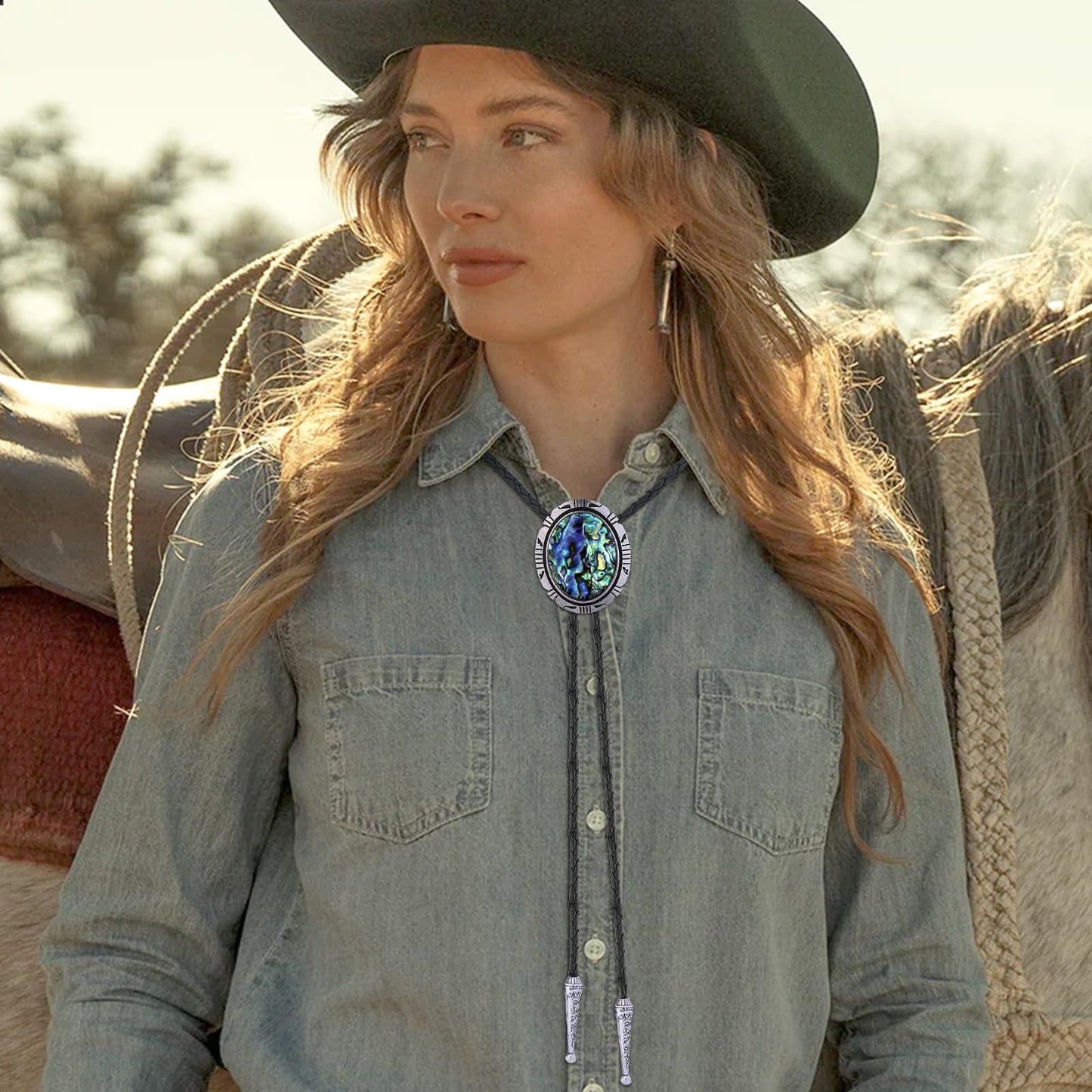 HUABOLA CALYN Bolo Tie for Men Women, Round Shape Abalone Shell Western Cowboy Bolo Ties, Native American Leather Necktie Costume Accessories