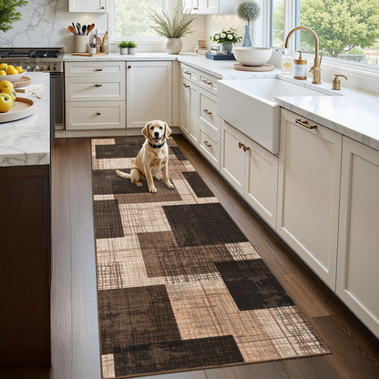 Ailyei Washable 2x8 Runner Rug for Hallway Kitchen Bedroom, Modern Geometric Patchwork Grid Print Non Slip Carpet, Soft Stain Resistant Long Runner with Rubber Backing, Chocolate