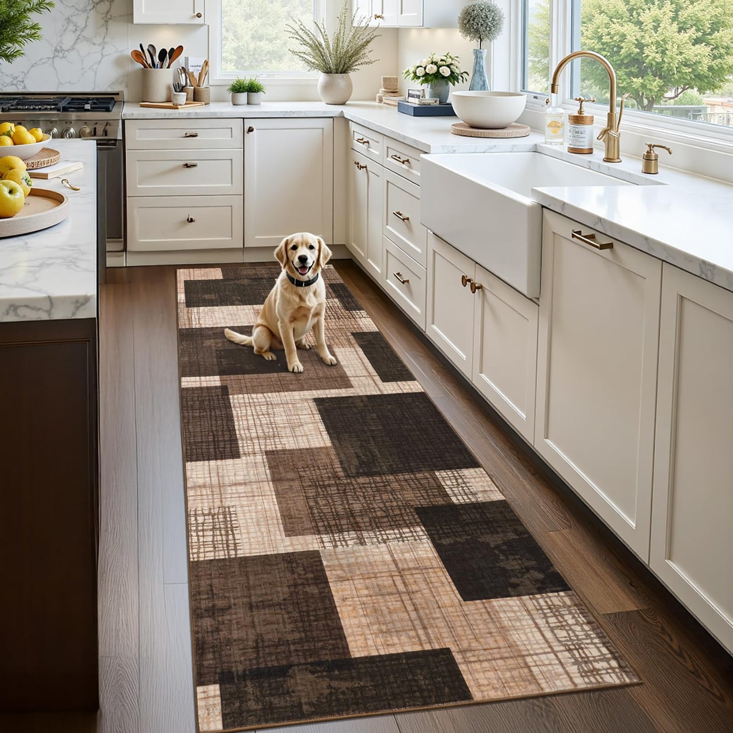 Ailyei Washable 2x6 Runner Rug for Hallway Kitchen Bedroom, Modern Geometric Patchwork Grid Print Non Slip Carpet, Soft Stain Resistant Long Runner with Rubber Backing, Chocolate
