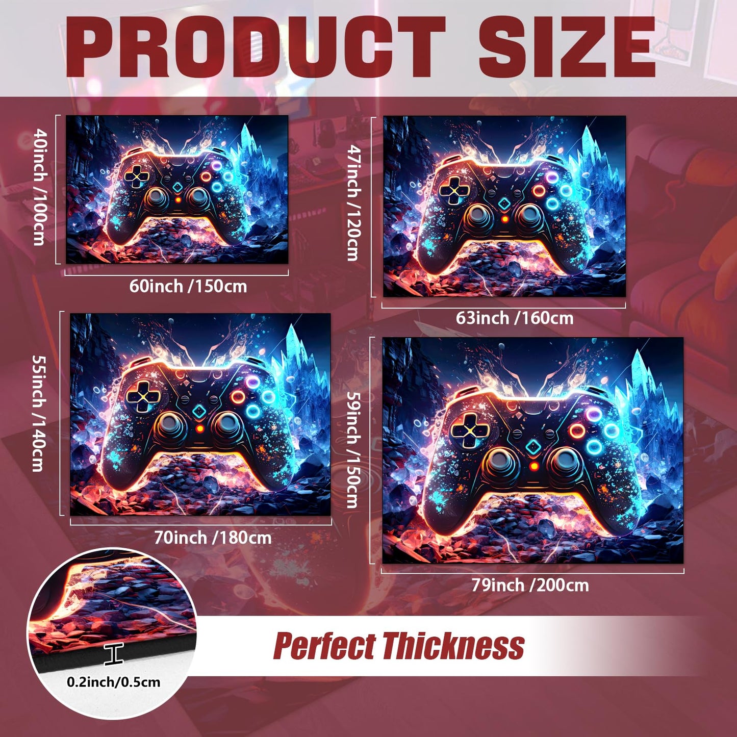 Gaming Area Rug Teen Boys Carpet, Colorful Gamepad Background Game Controller Design for Game Room, Boys Girls Bedroom Playroom, Living Room (Crystal Cave, 60" x 40")