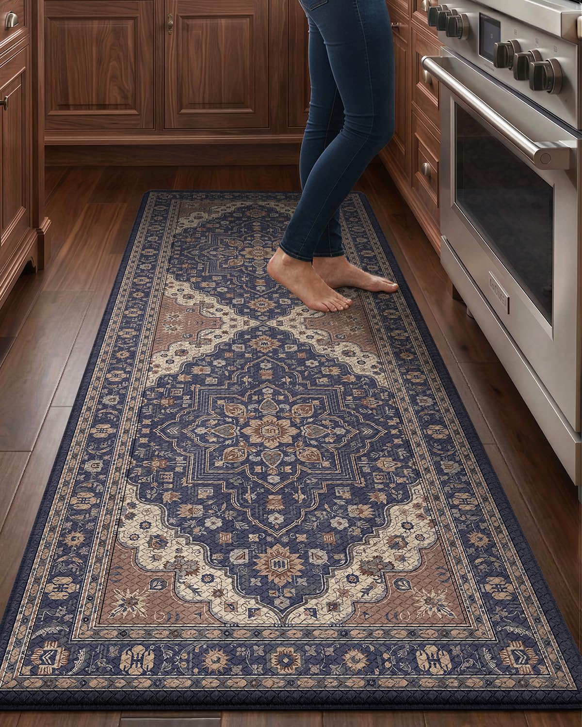LUMI Kitchen Mat Anti Fatigue Cushioned, Memory Foam Padded Standing PVC Rug Washable, Non Slip Comfort Floor Runner for Home, Sink, Laundry, Office, 24"x87", Navy Taupe