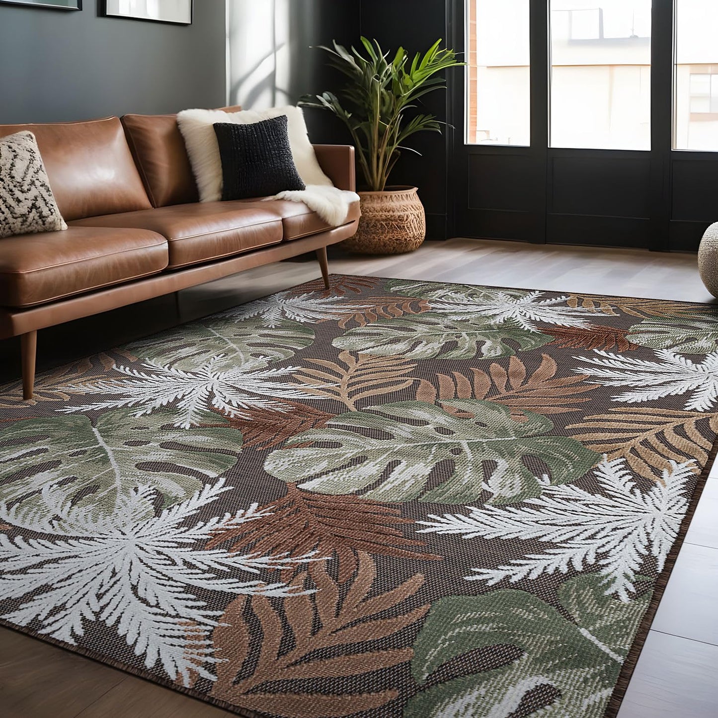 Luul Home Floral Indoor Outdoor Rugs 5x7 Large Area Rug for Living Room, Patio Decor, Kitchen, and Entryway Rug, Washable Stain Resistant Outside Carpet Brown 5 x 7