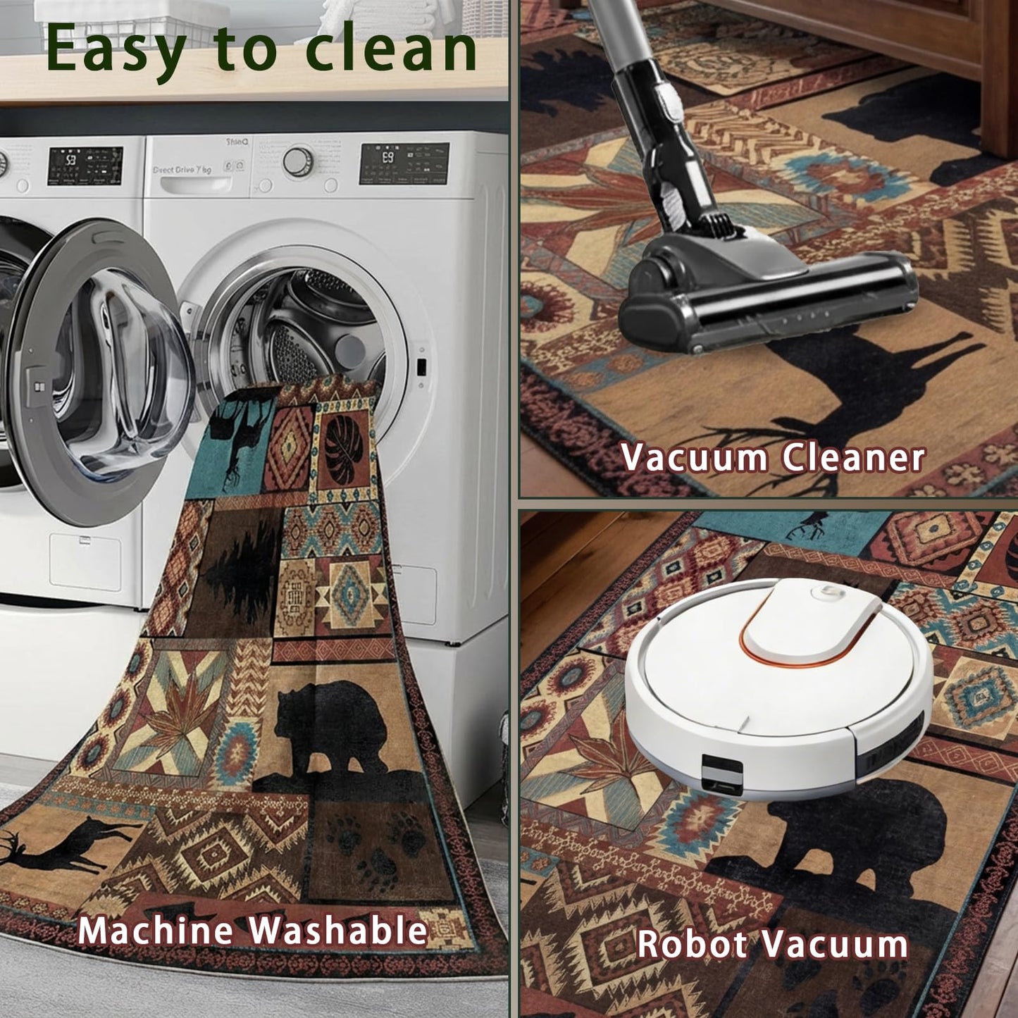 Washable Area Rug 3x5, Rustic Lodge Bear Rugs for Entryway Non Slip Low Pile Southwestern Area Rugs Vintage Large Soft Carpet for Bedroom Office Kitchen Dining Room
