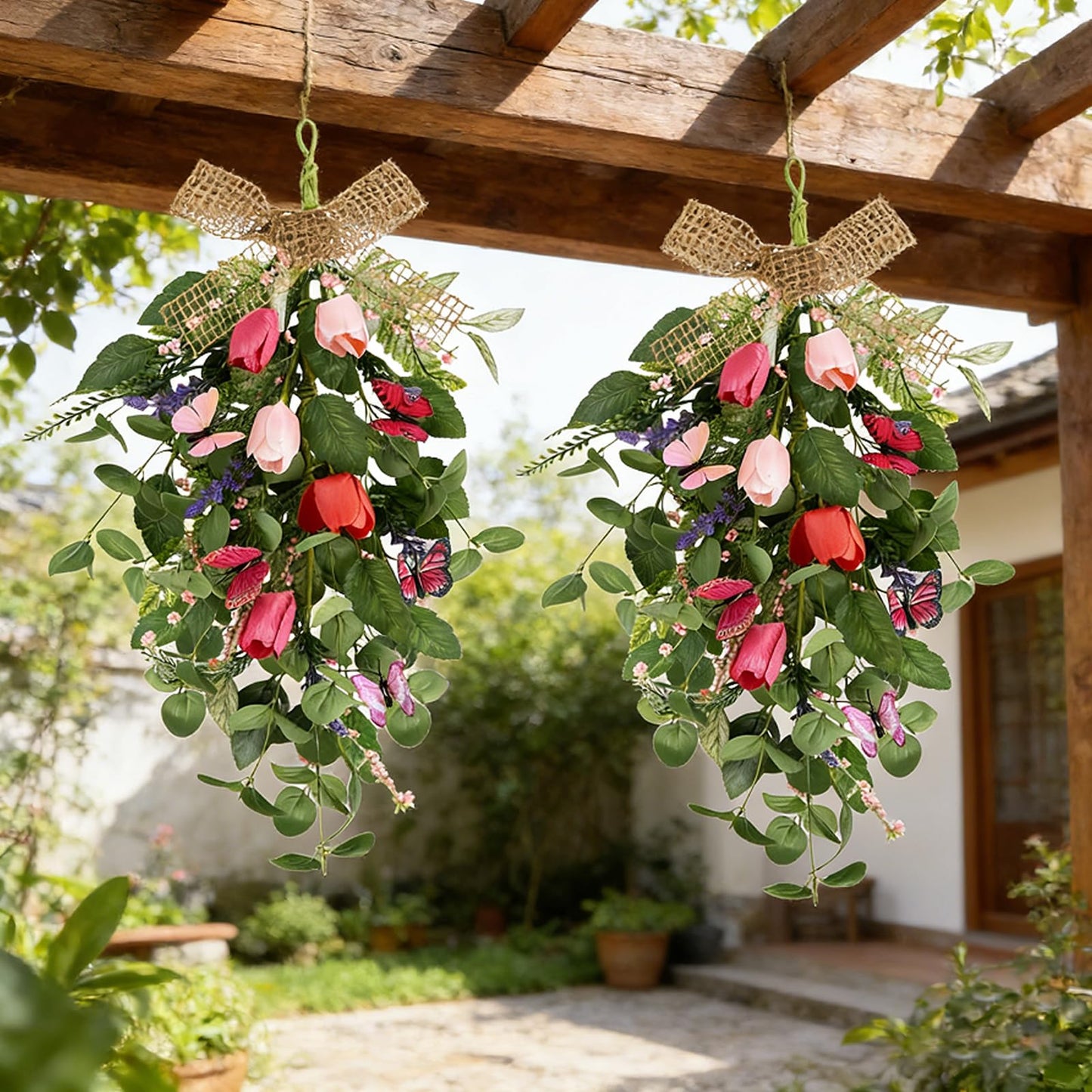 4 PCS Tulip Teardrop Swag 22" Spring Wreaths for Front Door with Purple Tassels Eucalyptus Leaves Ferns Butterflies for Indoor Outdoor Wall Festival Home Farmhouse Wedding Decor