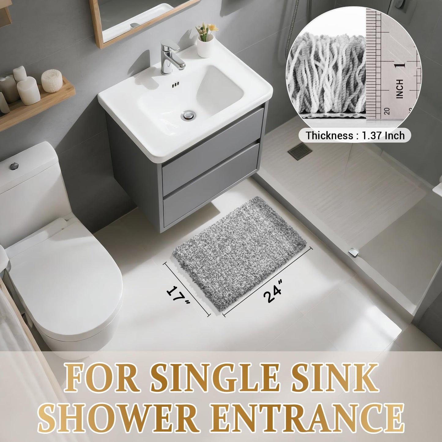 Yimobra Bathroom Rugs Non Slip Washable, Ultra Soft and Water Absorbent Bath Mats, Fluffy Shower Mat Outside, Plush Matts for Bathroom Floor/Sink, 24X17, Home Decor Accessories, Light Gray and White