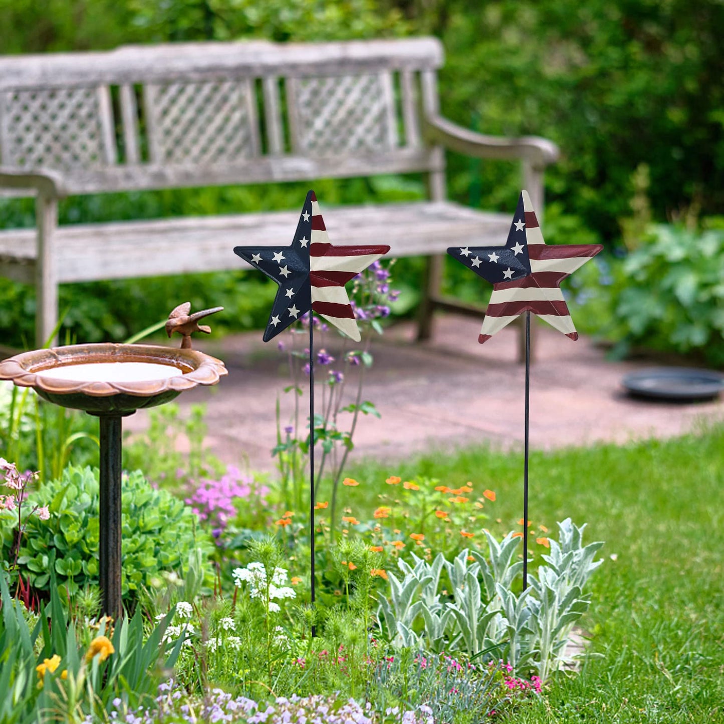 Metal Barn Star Yard Sign Patriotic Garden Stakes Hanging Ornament with Stake Outdoor 4th of July Lawn Decoration Party Supplies USA Flag Decor for Independence Day Memorial Day (E)