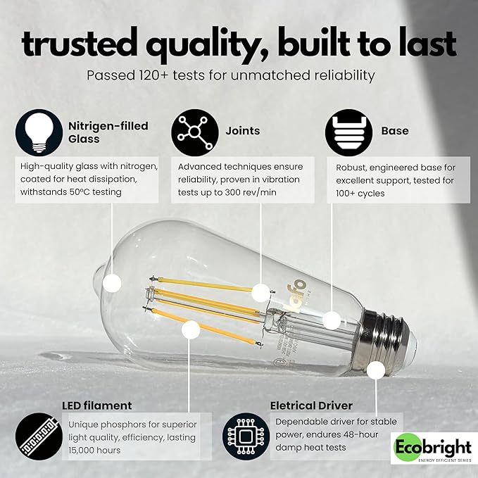 EcoBright ST19/ST64 LED Filament Bulbs, Dimmable, 60W Equivalent, 9W, 800 Lumens, 2700K Warm White, CRI90+, E26 Base, Flicker-Free, Edison Chandelier, ETL/FCC Certified (12 Pack)
