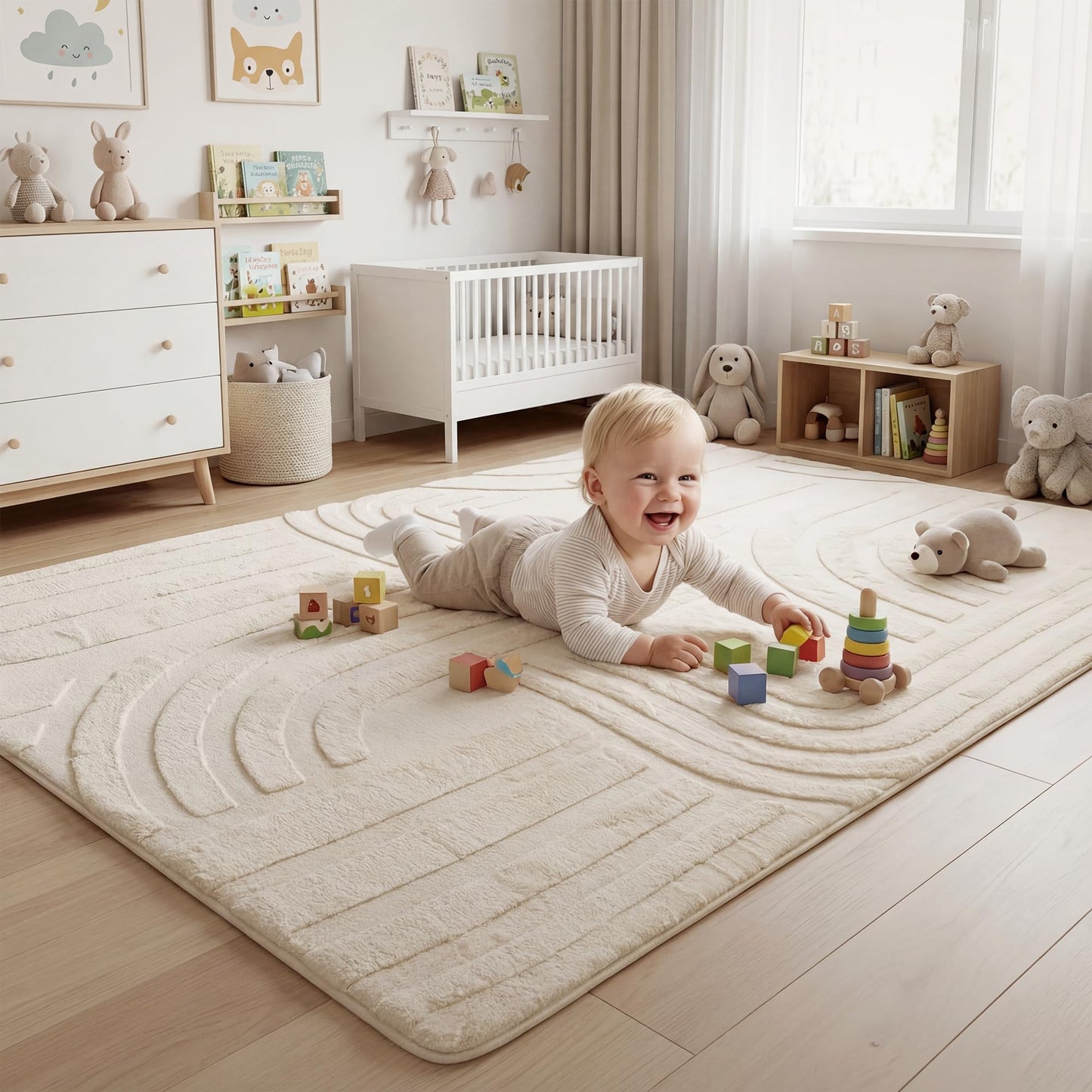 1.3" Thick Fluffy Baby Play Mat for Floor,Elasti Foam Padded Area Rug for Living Room Bedroom,Ultra Soft 3D Carved Kids Rug,Non-Slip Nursery Crawling Mat for Toddlers,4’x6’ Playroom Carpet(Cream)