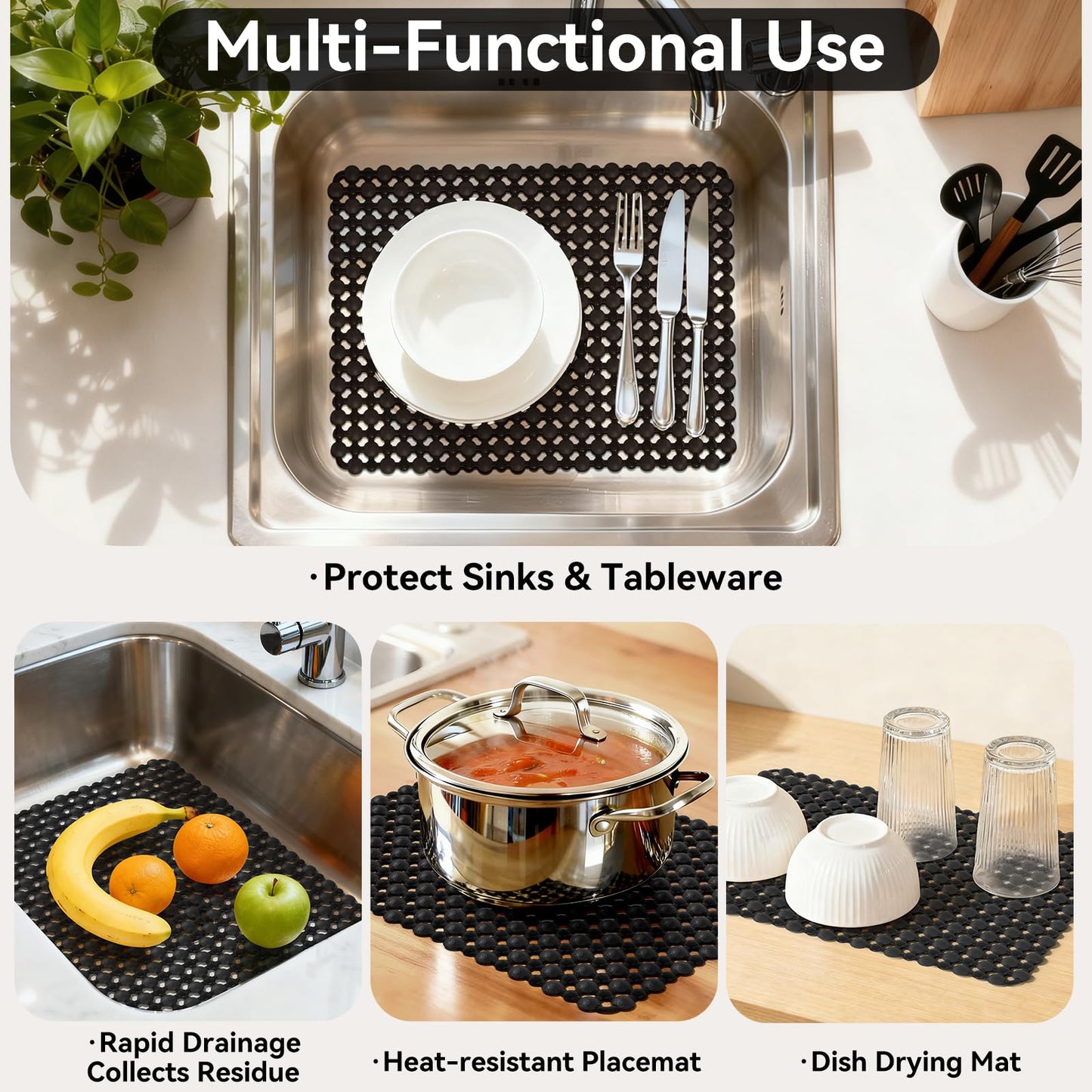 QiCaiJia Kitchen Sink Mat for Stainless Steel Ceramic Sinks, PVC Sink Protectors Mats for Bottom of Kitchen Sink, Dishes and Glassware Drain Mats, Durable and Fast Draining, Black 15.7 x 11.8 inch
