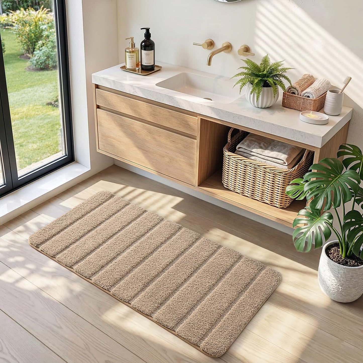 DEXI Bathroom Rugs 24x36, Machine Washable Non Slip Bath Mat, Soft Microfiber Absorbent Quick Dry Bath Rugs for Shower Floor, Sink, Tub, Beige