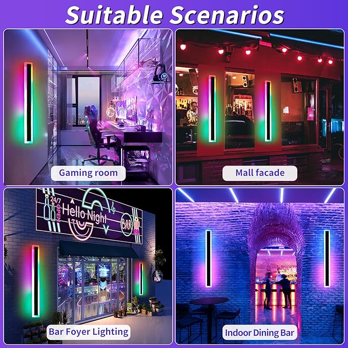 Mikeru 2pack 47.2inch Long LED Wall Light Fixtures, RGB Modern Outdoor Wall Sconce 10%-100% Dimmable Smart Outdoor Light Fixtures Wall Mount Featuring Multiple Modes and 12 Colors for Patio Entryway