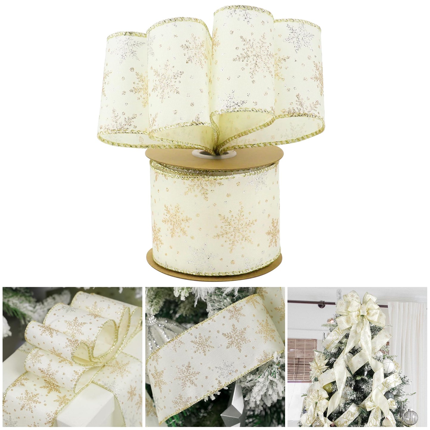 AIMUDI Ivory Snowflake Ribbon 2.5" Ivory and Gold Christmas Satin Wired Ribbon for Gift Wrapping Christmas Trees Wreaths Garlands Crafts Tree Topper Bows Home Decor- 10 Yards