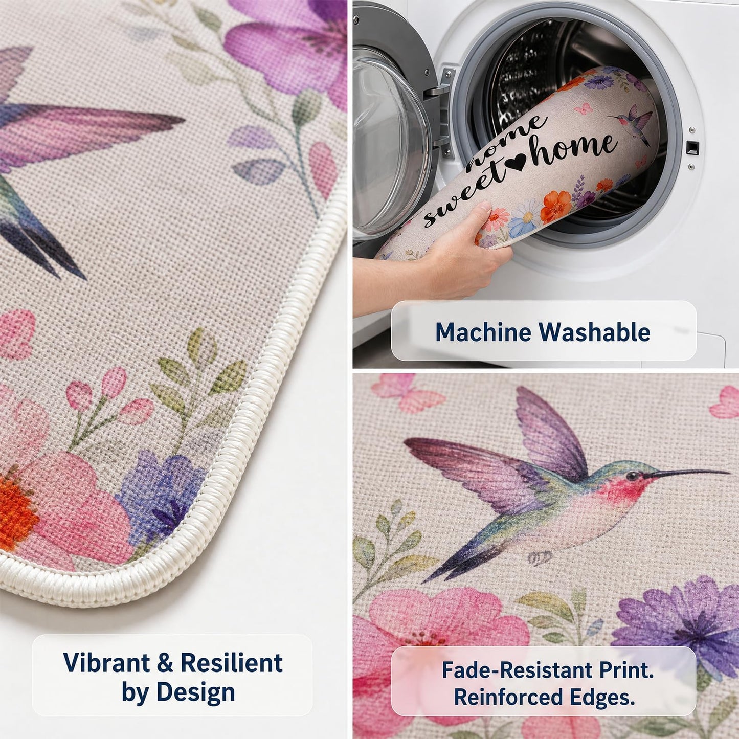Kitchen Mats for Floor 3PCS,Non Slip Waterproof Kitchen Sink Rugs,Washable Spring Hummingbird Floral Door Mat Comfort Standing Mat for Laundry, Desk, Bar, Office,17“x32”+17“x47”+17“x60”(Hummingbird)