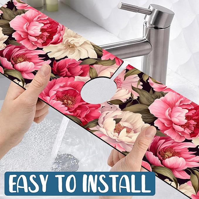 Garden Flowers Kitchen Sink Splash Guard Faucet Mat Watercolor Peonies Super