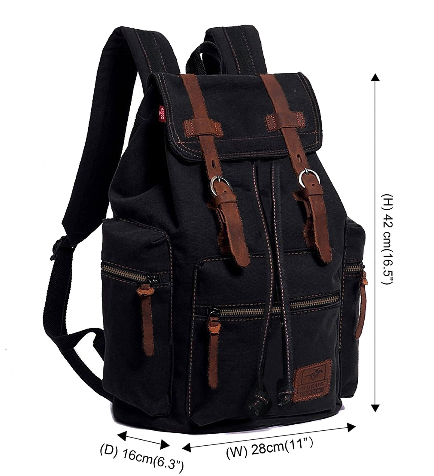 HuaChen Vintage Canvas Travel Backpack with Leather Trim, Laptop Padded Sleeve, Hidden Back Security Pocket, Fits 14-Inch, M32 Black