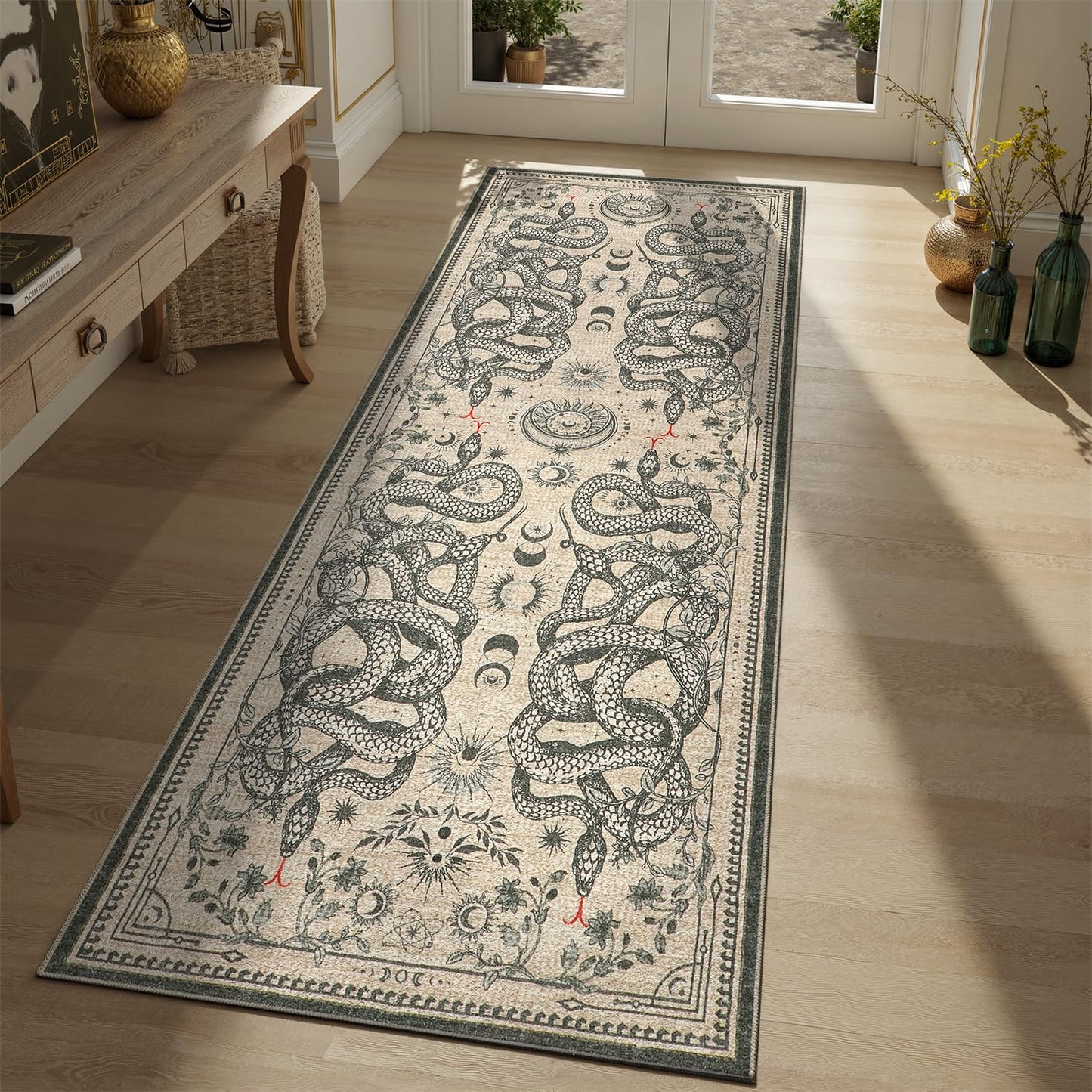 DCX Washable 2x6 Snake Runner Rug, Beige Gothic Rug for Living Room, Soft Low Pile Carpet, Kid & Pet Friendly with Rubber Back Non Slip, Stain Resistant Rug for Bedroom Dining Room Office