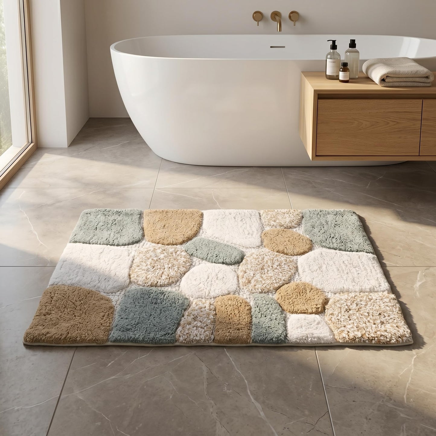 Cotton Pebble Stone Bath Rug 21x32 Inches - Grey Beige, Anti Slip Quick Dry Floor Water Absorbent Bathrug Ideal for Bathroom, Kitchen, Laundry Room | Soft Machine Washable Carpet for Tub Shower Patio