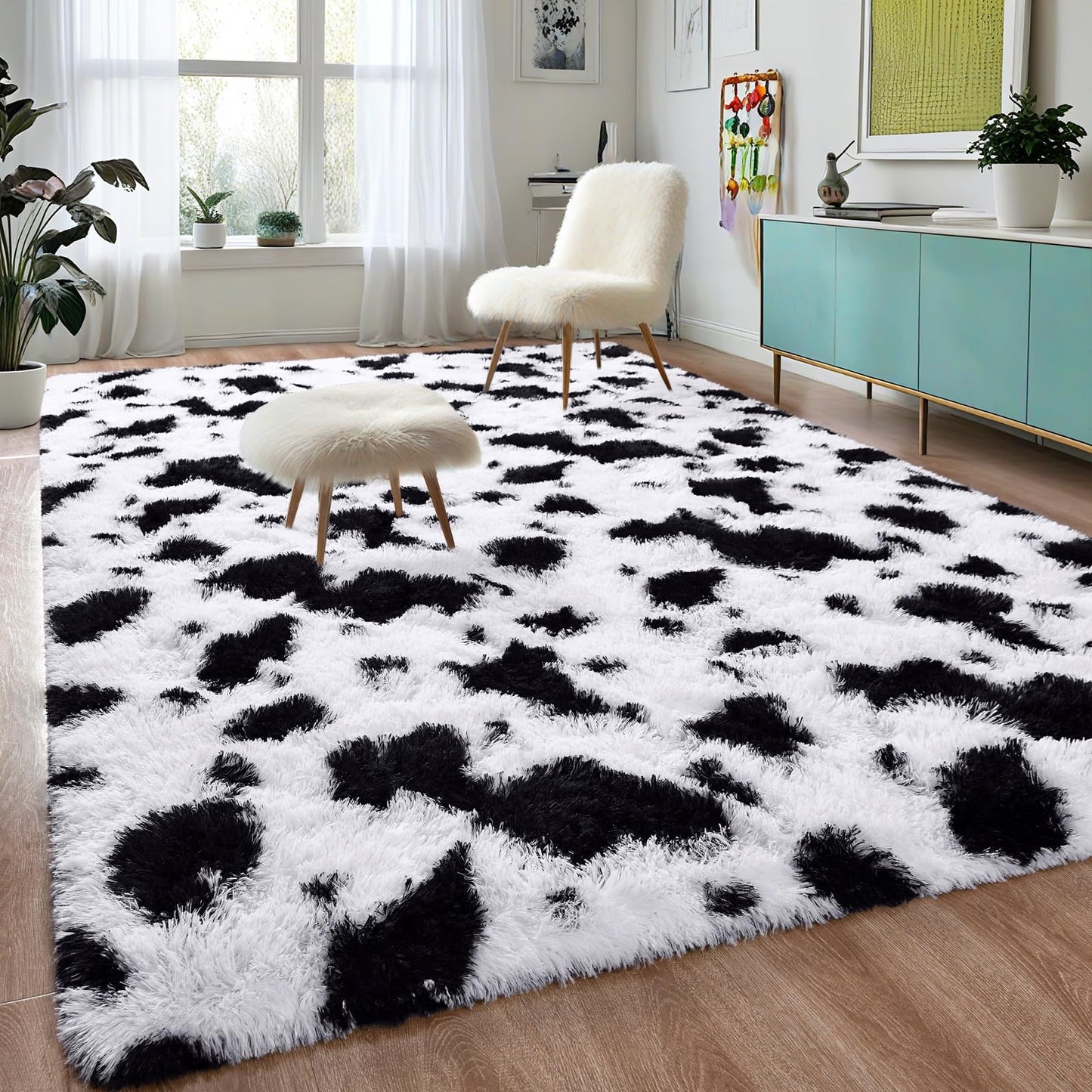 DweIke Fluffy Black White Rugs for Bedroom Living Room, 5x8 Feet Soft Plush Shaggy Cow Hide Print Girls Boys Kids Rug, Non-Slip and Machine Washable Carpet for Dorm Nursery Classroom Decor