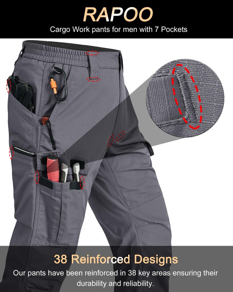 Rapoo Work Pants for Men Cargo Hiking Tactical Army Casual Pants for Men with Multi Pockets Water Resistant Mens Ripstop Construction Carpenter Pants Grey 32Wx32L
