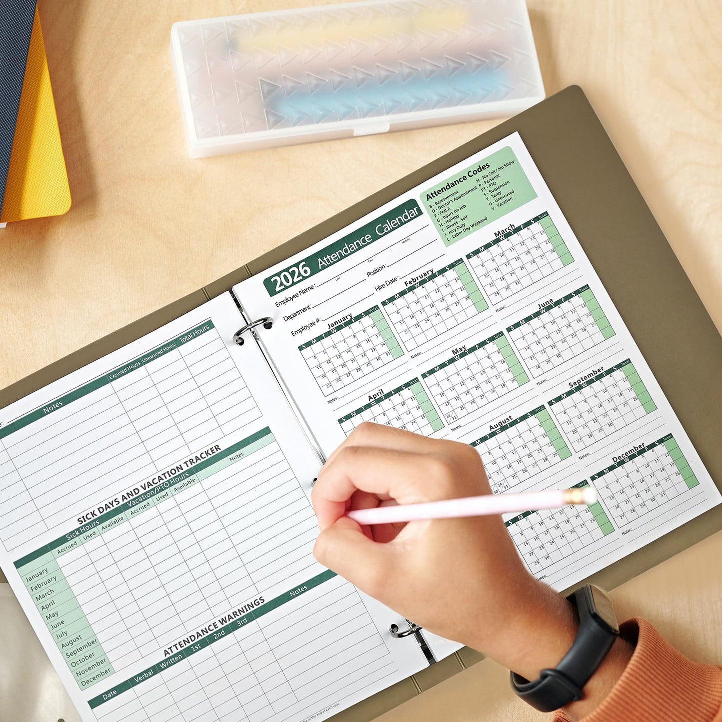 VistaRise 2026 Attendance Calendar, Employee Work Tracker Attendance Calendar cards - 3-Hole Punched for Binder, Cardstock, 8.5 x 11 in (Letter Size), Pack of 25 Sheets, Green