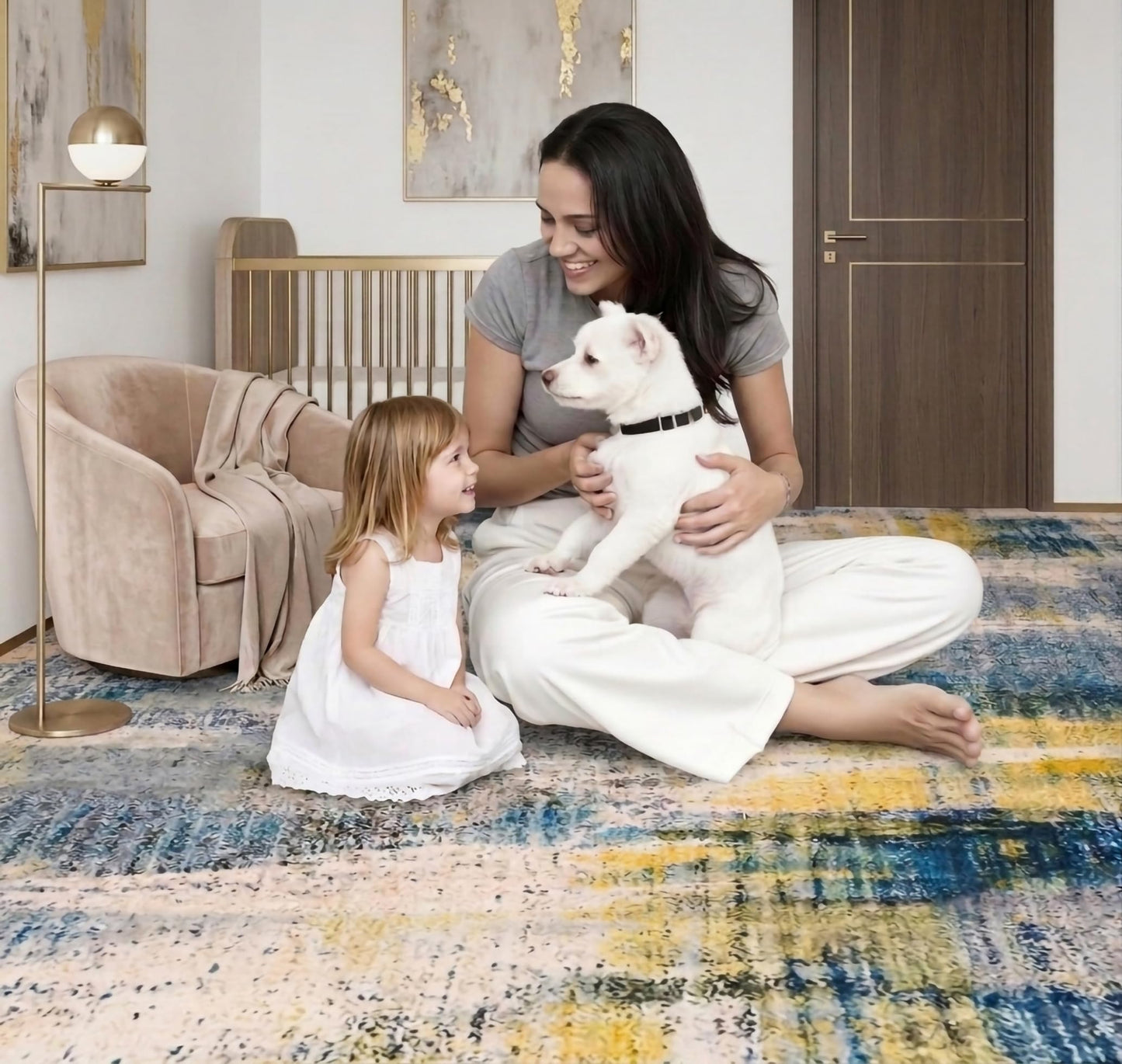 Xinlezx 5x7 Area Rug for Living Room, Washable Non Slip Abstract Area Rug, Blue Gray Modern Carpet with Yellow Accents, Soft Faux Cashmere Foldable Rug for Bedroom Dining Room Home Office