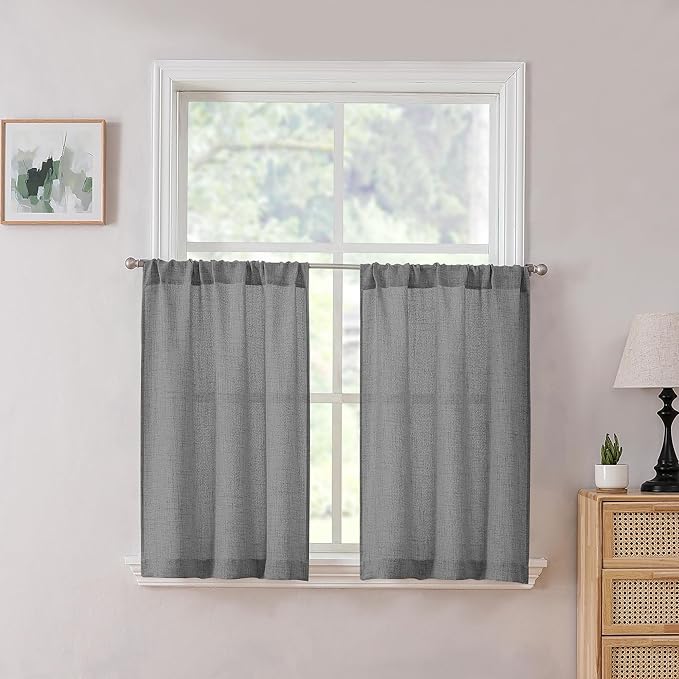 Tollpiz Short Linen Tier Curtains Rod Pocket Semi Sheer Half Kitchen Curtain Burlap Light Filtering Thick Linen Drapes for Bathroom, 30 x 24 inches Long, Dark Grey, Set of 2 Panels