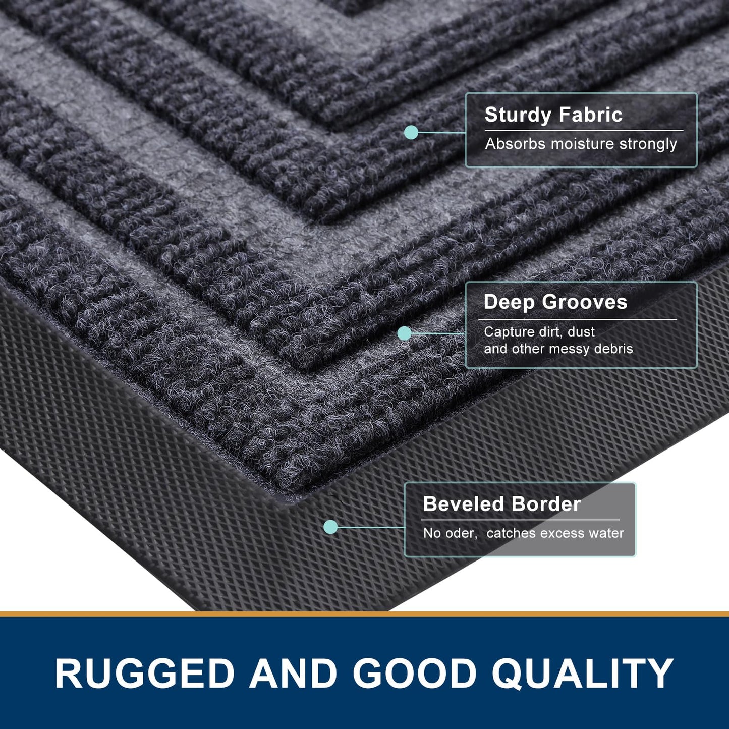 Buganda Front Door Mat Indoor Outdoor Entrance, Non-Slip Natural Rubber Doormats, Easy Clean, Low Profile, Dirt Trapper Entryway Floor Mats for Outside, Garages and Patios, 47x32, Grey