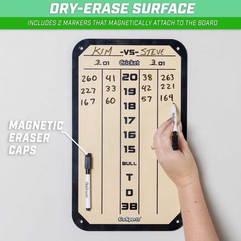 GoSports Dry Erase Steel Darts Scoreboard - Cricket and 01 Dart Games with 2 Magnetic Markers