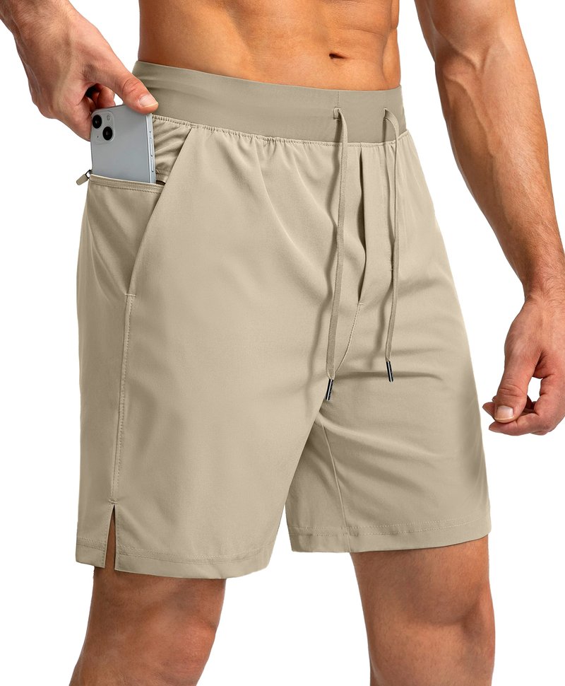 Soothfeel Men's Running Shorts with Zipper Pockets 7 Inch Lightweight Quick Dry Gym Athletic Workout Shorts for Men (Khaki, 3XL)