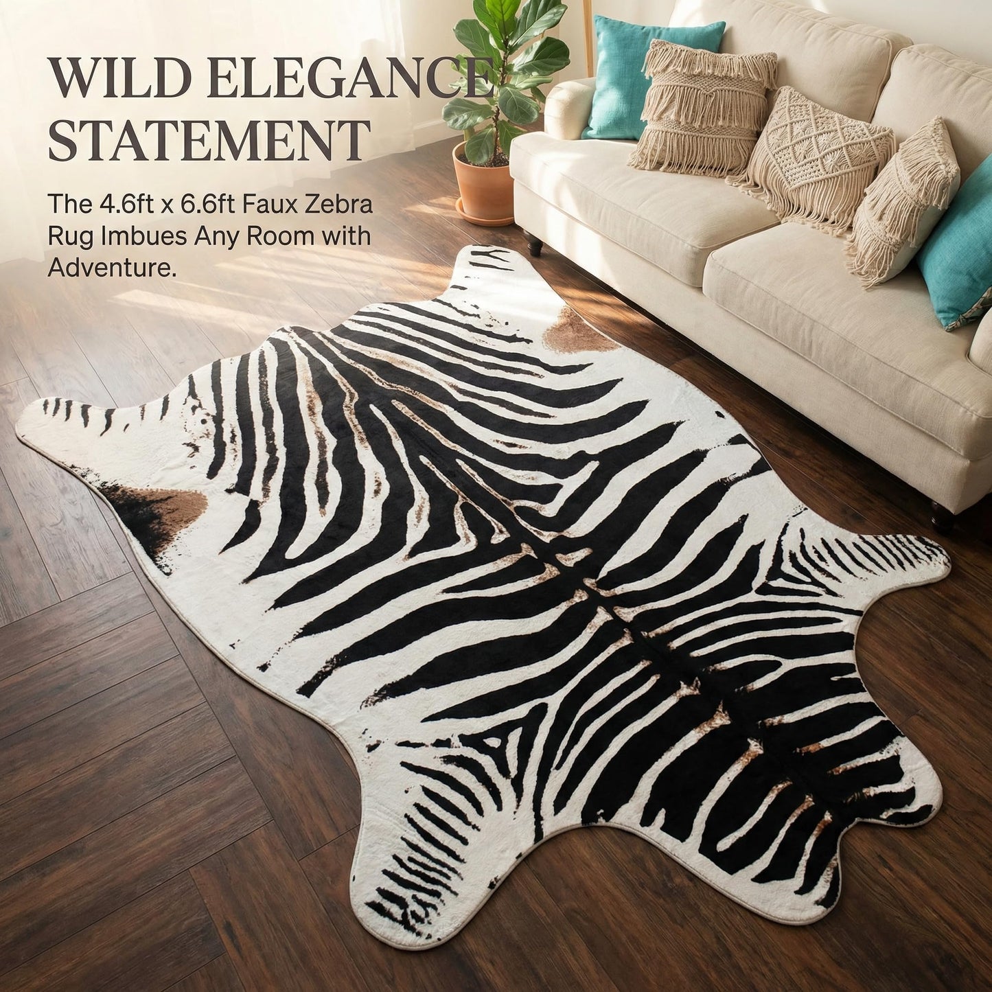 JACCAWS Faux Zebra Rug (4.6ft x 6.6ft) - Western Decor Boho Zebra Print Rugs for Living Room,Non-Slip Animal Print Rug,Black and White,Housewarming Gifts New Home