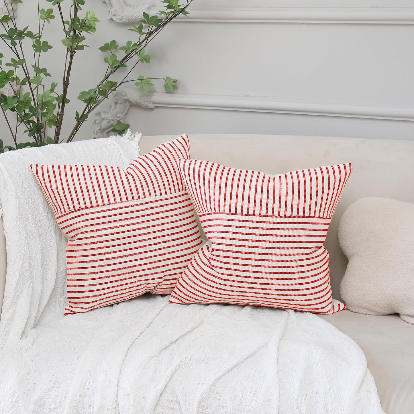 Hckot Christmas Pillow Covers 18x18, Red Throw Pillow Covers Set of 2, Striped Linen Decorative Pillows Cushion Covers for Couch Chair Beding Xmas Winter Decorations(Red)