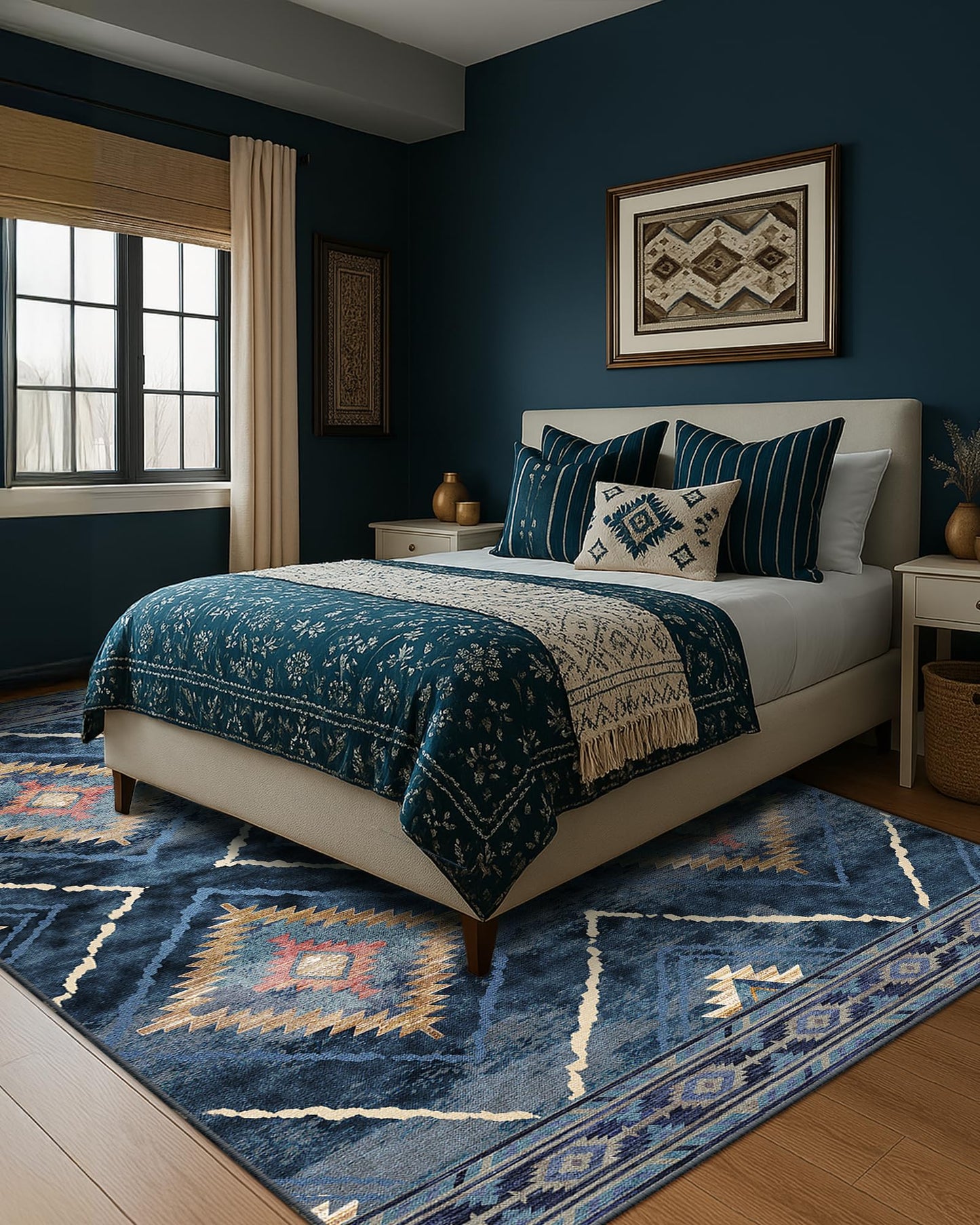 BESTSWEETIE Area Rug 5x7 Rug Machine Washable Non-Slip Low Pile Print Pattern Western Rug for Living Room Bedroom Entryway Tribal Series -Darkblue