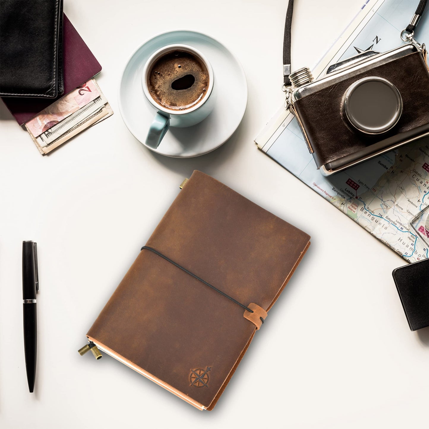 Wanderings A5 Travelers Notebook – Refillable Genuine Leather Journal – 6" x 8.5" (15 x 22cm) – Handcrafted Crazy Horse Leather – 120 GSM Blank Inserts – Travel Journal
