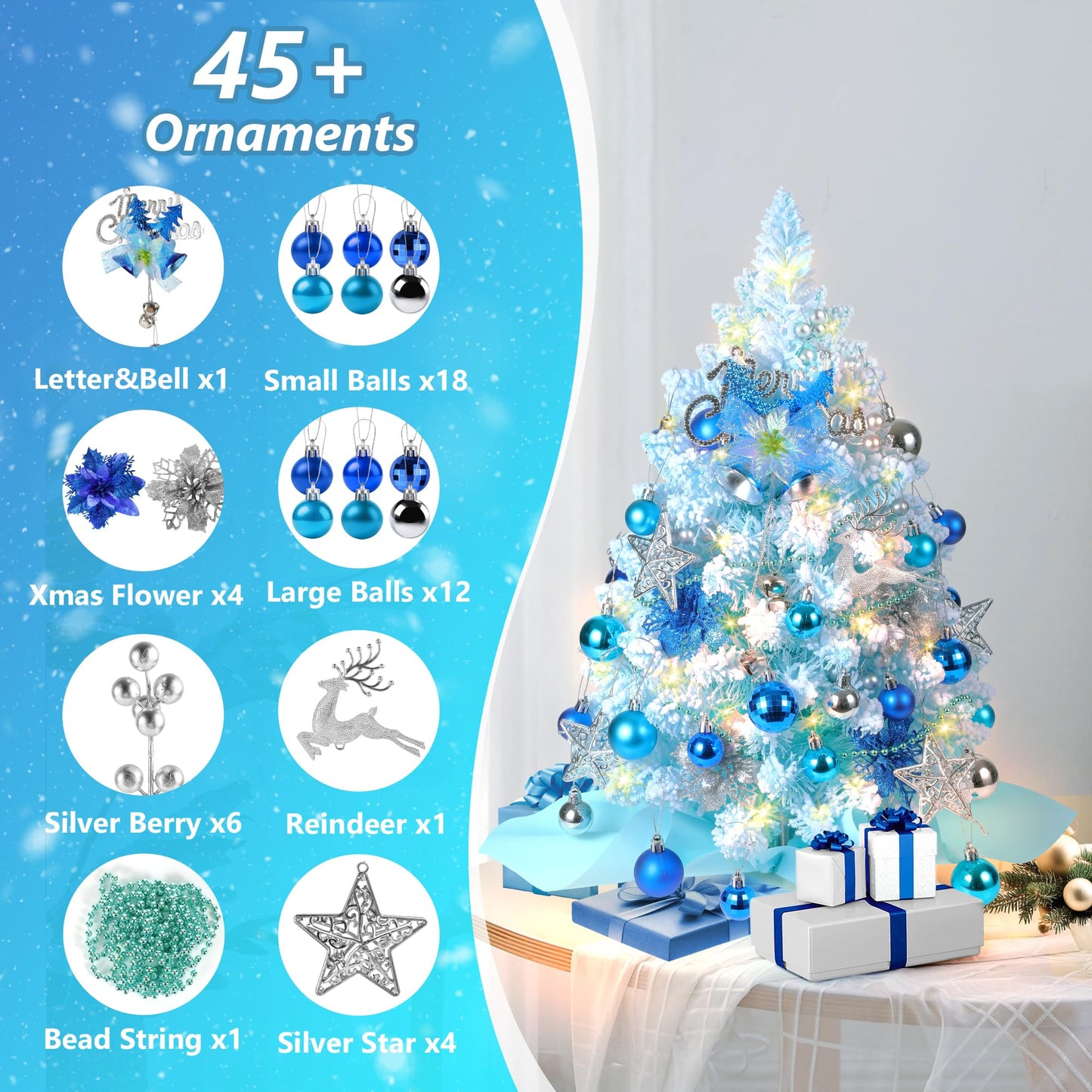 2FT Snow Flocked Christmas Tree, Blue Mini Christmas Tree, Artificial Tabletop Christmas Trees with 60 LED Lights,100 Branch Tips, 47 Ornaments, Small Prelit Xmas Tree for Home Party