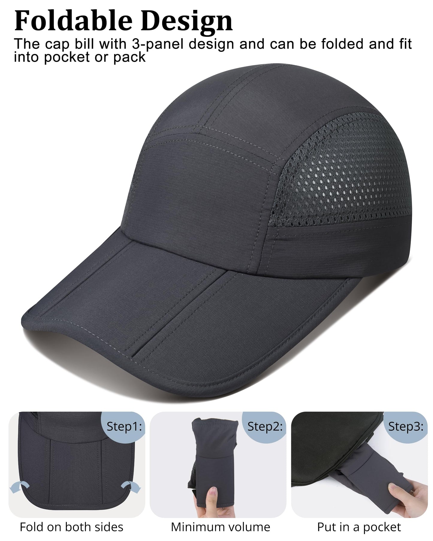 GADIEMKENSD UPF 50+ Foldable Baseball Cap with Long Brim, Cooling Running Hat Quick Drying Breathable Mesh, Water-Repellent, Suitable for Golf Tennis Sports Travel Dark Grey
