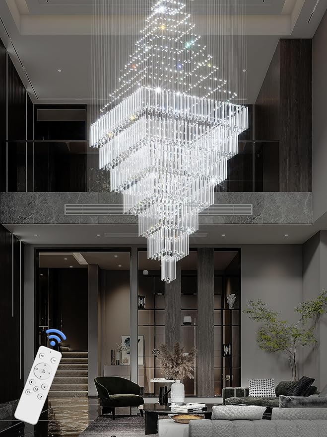 Flashing God D59''X H120'' Extra Large Chandeliers for High Ceilings Black Square Chandeliers Crystal Raindrop Chandelier for Villa Entrance Foyer LED Dimmable 2700K-6000K