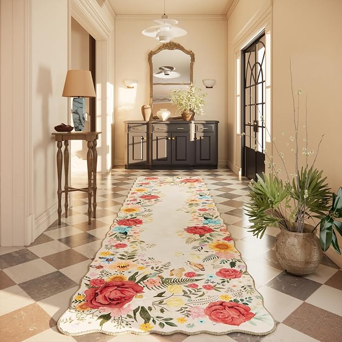 Kitchen Rug Runners for Hallways: 2'6''x10' Washable Runner Rugs for Kitchen Ultra Thin Stain Resistant Non Slip Low Pile Lightweight Vintage Floral Carpet for Farmhouse Decor (Beige)