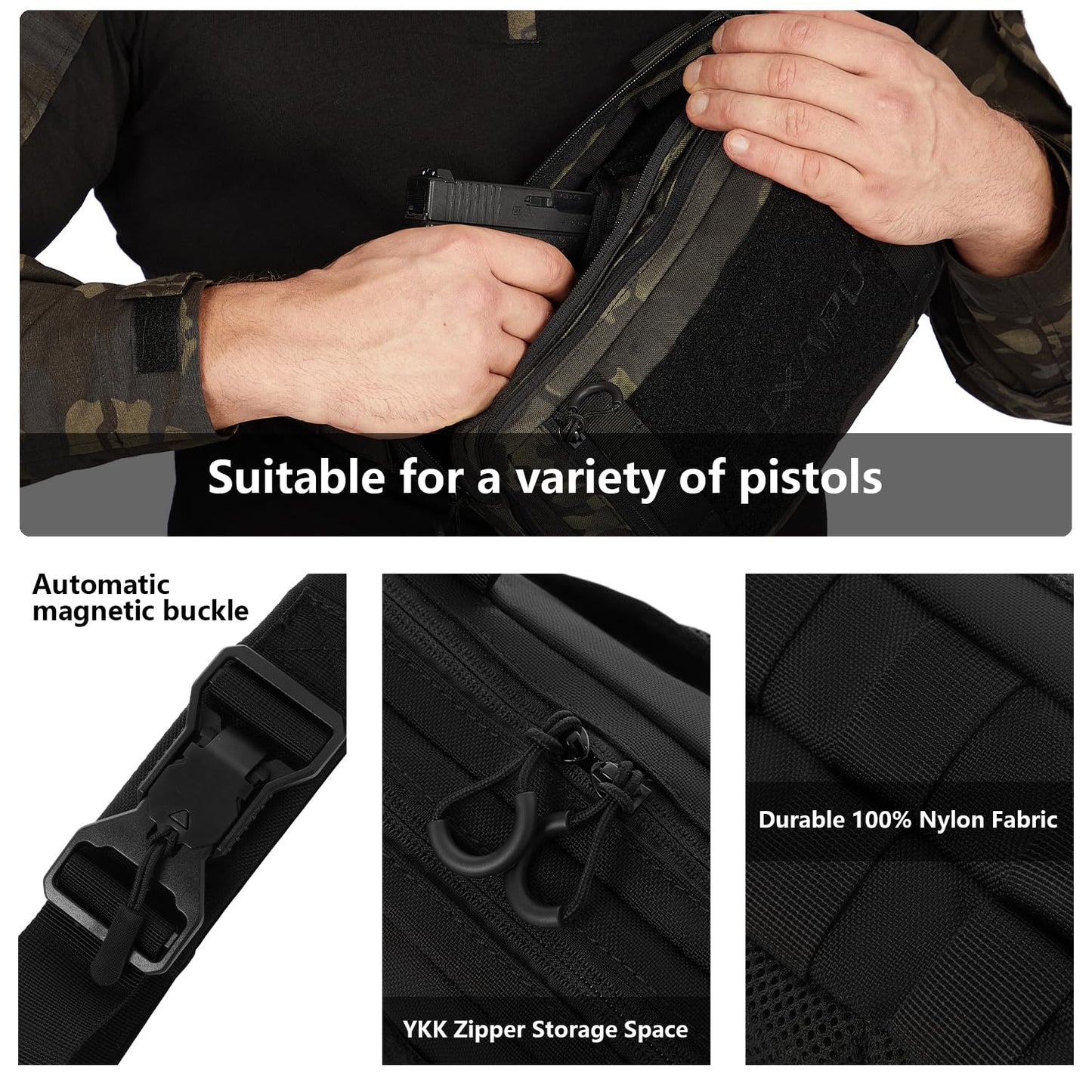 Tuxapo Tactical Shoulder Bag - Small Military Tactical Sling Backpack, Nylon EDC Bag for Hiking, Travel, & Everyday Use (Black)