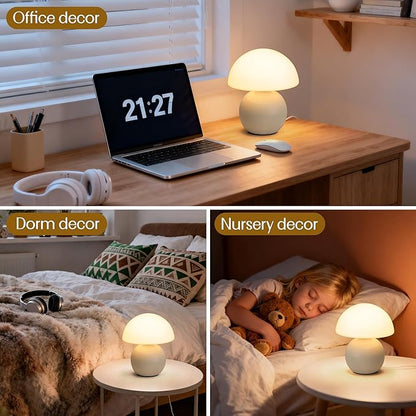Small Mushroom Lamp,USB-Plug in Bedside Table Lamps with 3-Temperature LED Bulb Dimmable,Unique Cute Aesthetic Home Decor for Living Room,Bedroom, Modern Ceramic Base Glass Lamp(White)