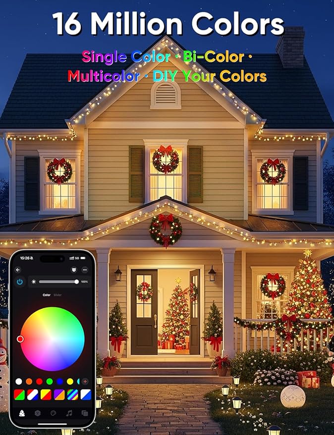 Ollny Smart Christmas Lights, 197FT 600 LED APP Control RGB Color Changing Christmas Tree Lights with Remote, Programmable DIY Musical Waterproof Decor Light with Timer for House Indoor Outdoor House