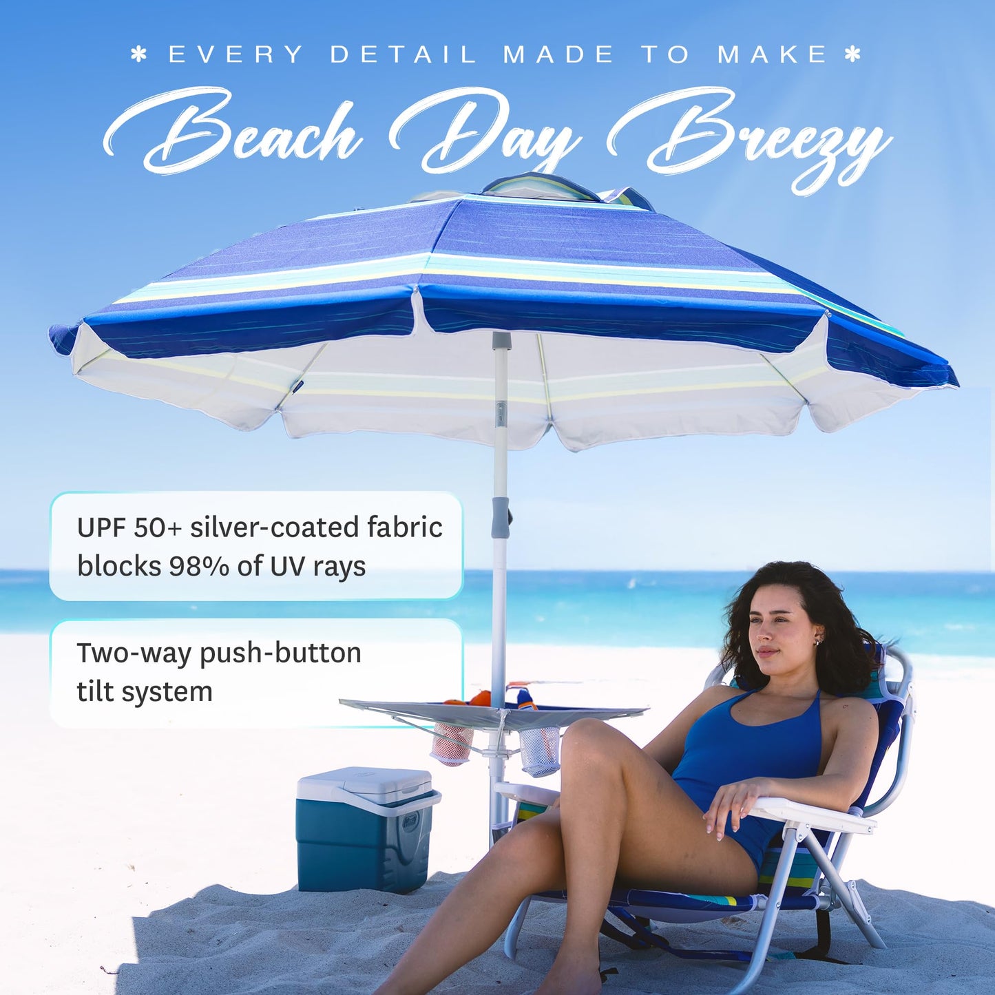 AMMSUN 7ft Heavy Duty High Wind Beach Umbrella with sand anchor, Built-in Table Tray Vent Tilt Pole, UPF 50+ Windproof Portable Outdoor Umbrellas Carry Bag for Patio Garden Pool Backyard stripe