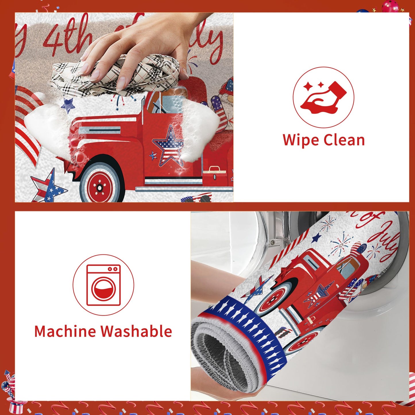 4th of July Kitchen Rugs Set, 3 Pcs Patriotic Gnome Runner Rug and Floor Mat, Americana Truck Decor for Kitchen Entryway, Red White Blue