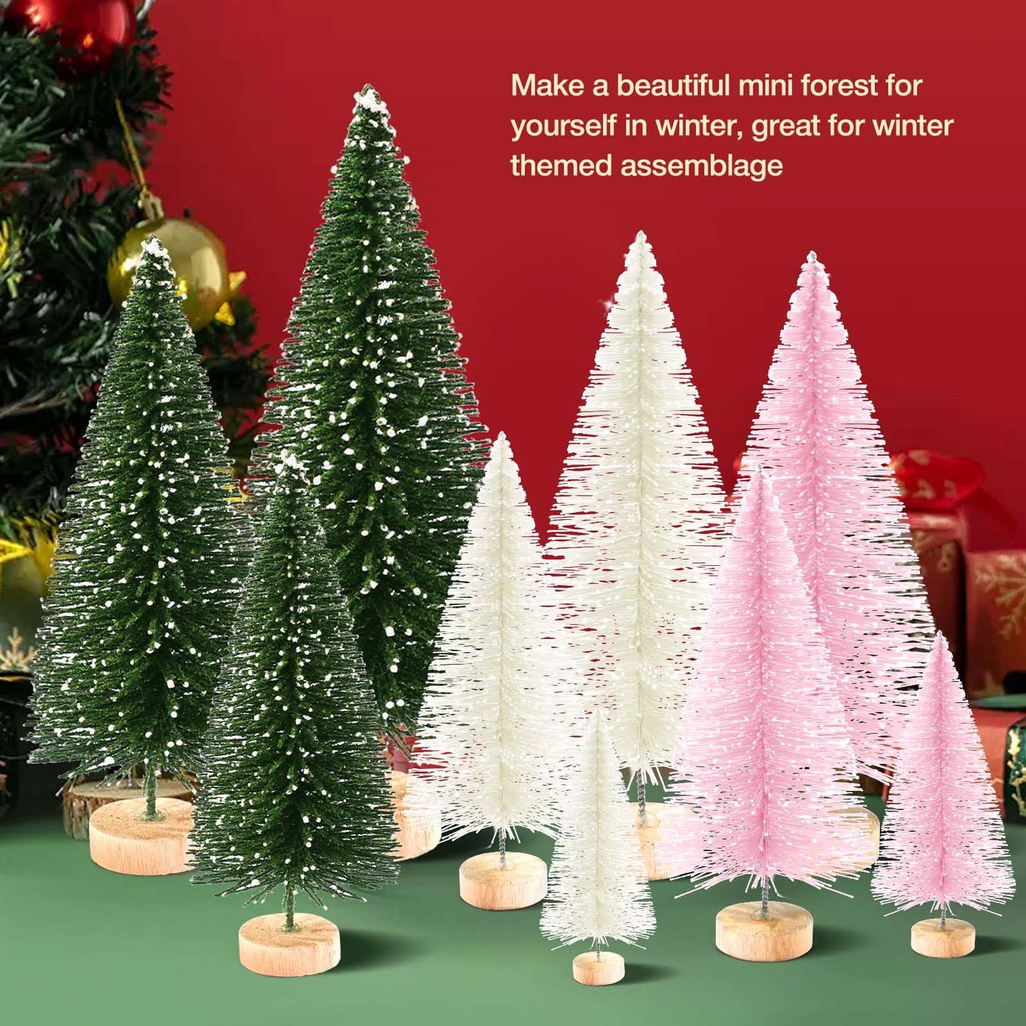 9Pcs Mini Christmas Trees Christmas Decor Artificial Christmas Decorations with 4 Sizes, Christmas Tree Bottle Brush Trees Christmas Table Decorations (Green Beige Pink)