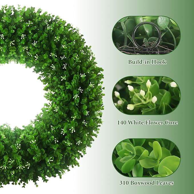 Large Artificial Boxwood Wreath 30-32'', UV Resistant 310 Leaves & 140 Flower Core, Green Wreath Ribbon for Front Door Outdoor Indoor Window Wall Hanging Decoration All Seasons(Foldable)