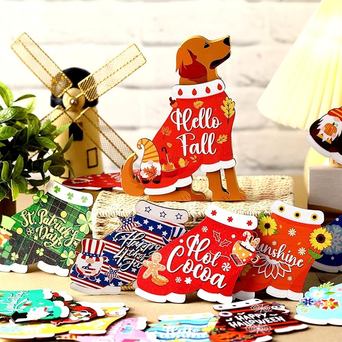 Barydat 16 Pcs Seasonal Dachshund Dog Welcome Sign Lovely Interchangeable Front Door Decoration, Wooden Rustic Holiday Door Wall Decor for Independence Day Summer Fourth of July Decoration(Cute Dog)