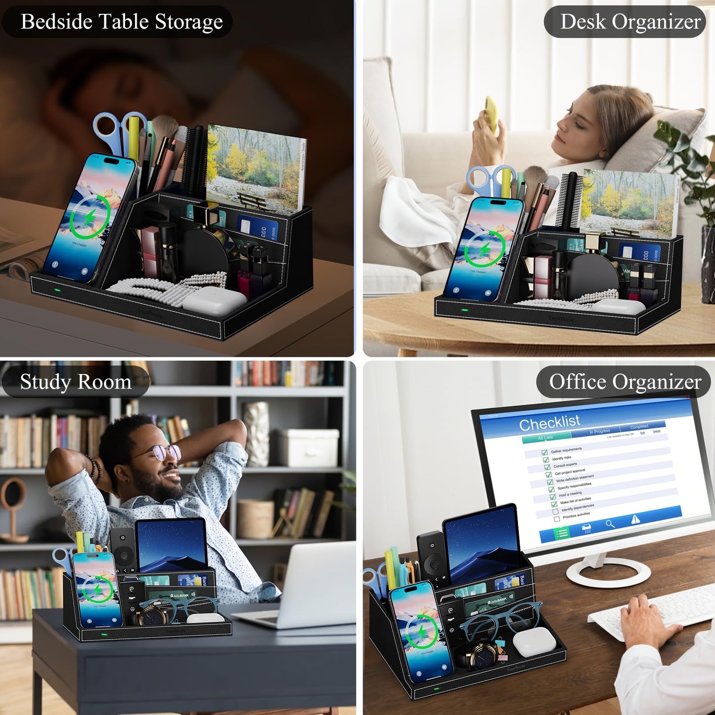 TopMade Wireless Charger Desk Nightstand Organizer, Leather Pen Holder Office Supplies Desk Accessories Fast Charging Station, Remote Control Holder, for iphone Charger Stand Gifts for Men (Black)
