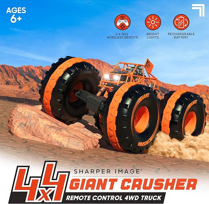 Sharper Image® 4x4 Giant Crusher Remote Control 4WD Truck High-Speed Off-Road Monster Truck All-Terrain Tires LED Headlights USB-C Rechargeable Battery Oversized Shocks 2.4 GHz Wireless Control