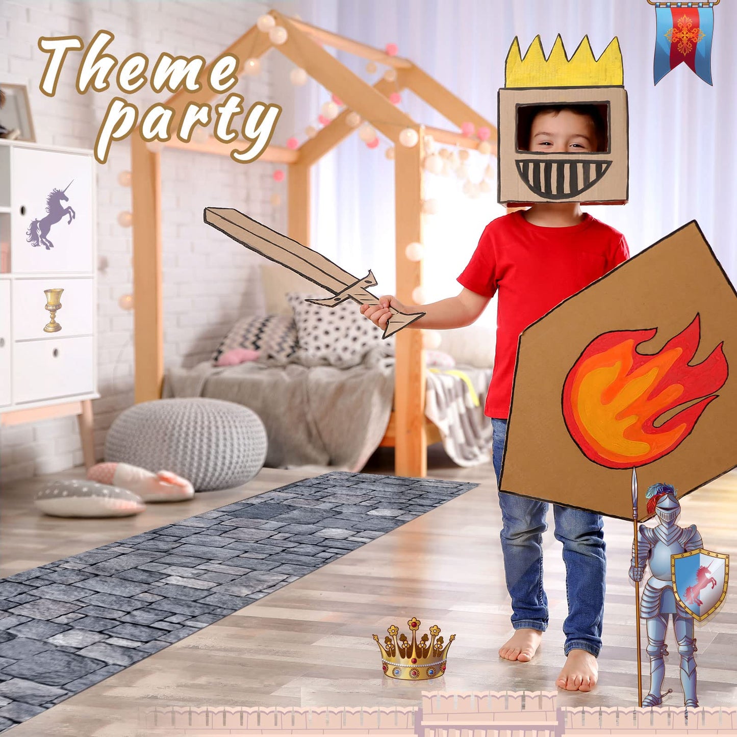 Fabbay 2 Pack 10ft Cobblestone Aisle Runners Medieval Party Decorations Polyester Brick Stone Printed Floor Runners for Medieval Castle Knight Themed Party Supplies Castle Table Cover